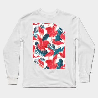 Luxurious Scarlet Ibis // white background teal vegetation metal rose and red guará large birds Long Sleeve T-Shirt